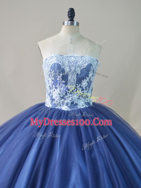 Inexpensive Sleeveless Tulle Brush Train Lace Up Sweet 16 Dress in Navy Blue with Appliques and Sashes ribbons and Bowknot