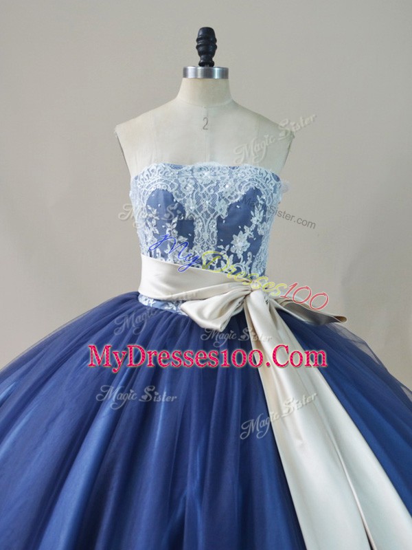 Inexpensive Sleeveless Tulle Brush Train Lace Up Sweet 16 Dress in Navy Blue with Appliques and Sashes ribbons and Bowknot