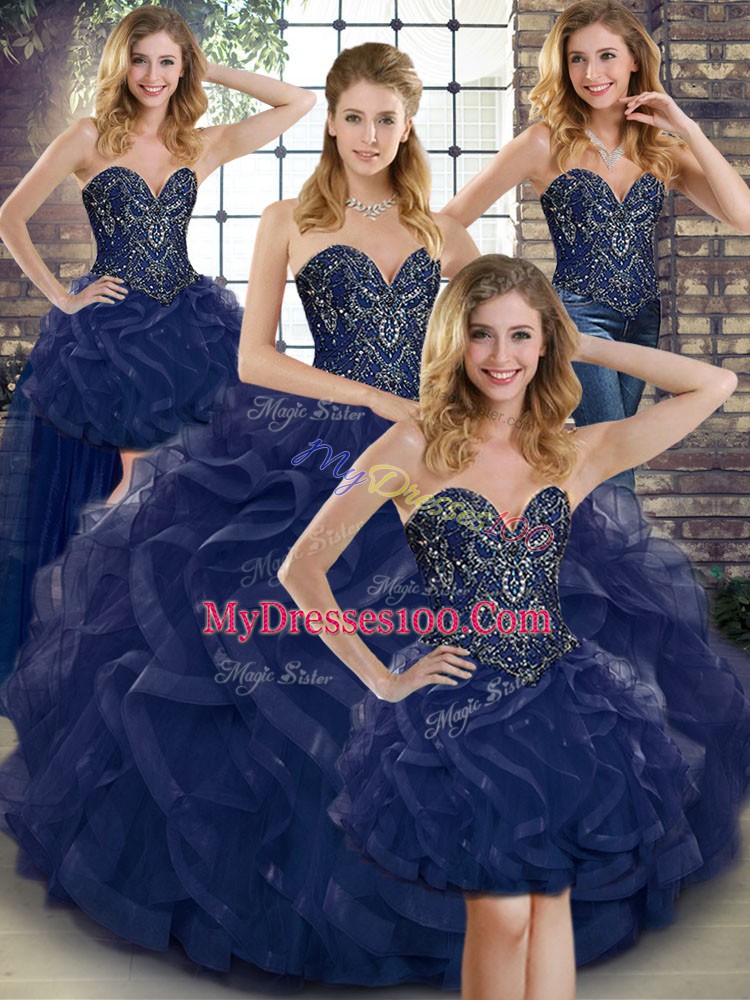 Navy Blue Ball Gowns Beading and Ruffles Ball Gown Prom Dress Lace Up Tulle Sleeveless Floor Length