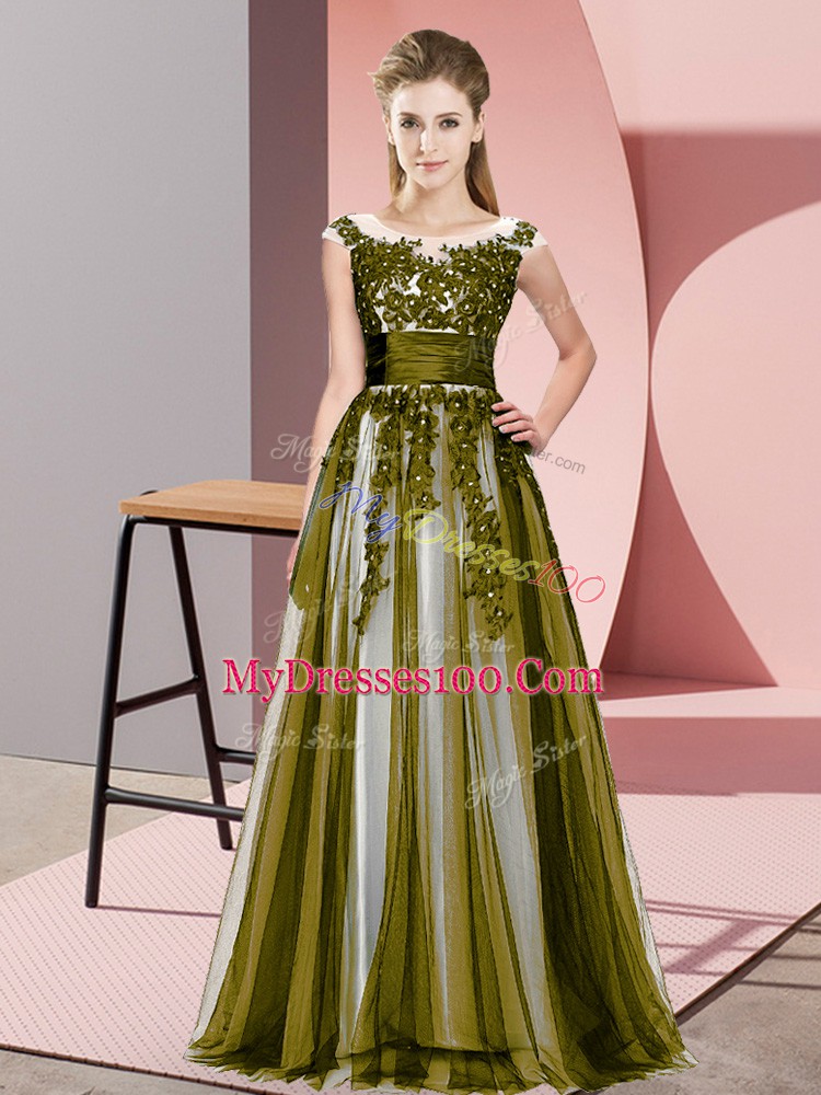 Wonderful Olive Green Sleeveless Beading and Lace Floor Length Bridesmaid Gown