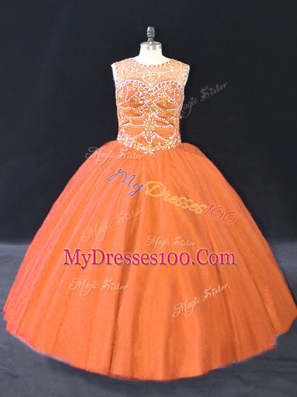 Orange Lace Up Vestidos de Quinceanera Beading Sleeveless Floor Length