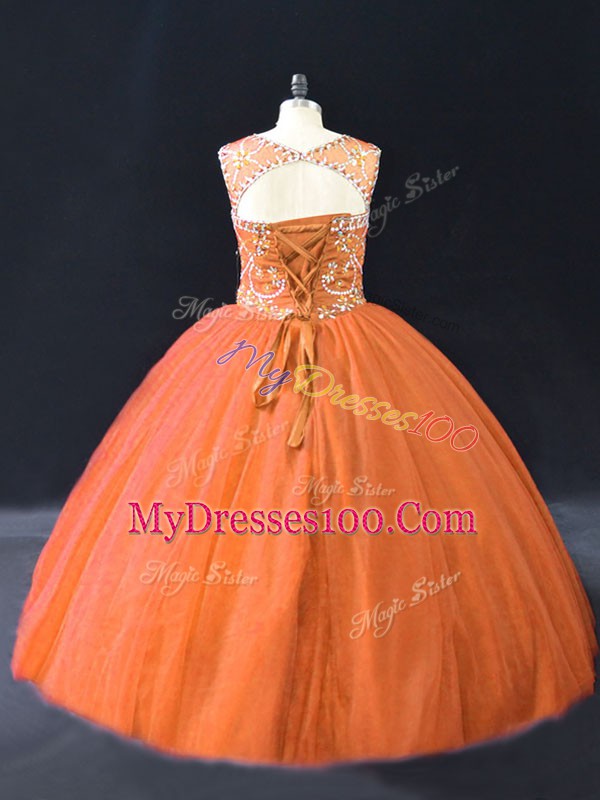 Orange Lace Up Vestidos de Quinceanera Beading Sleeveless Floor Length