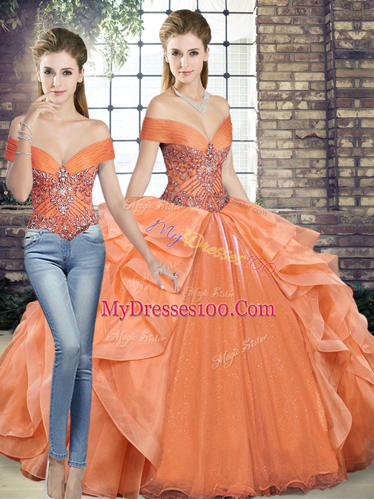 Spectacular Sleeveless Floor Length Beading and Ruffles Lace Up Quinceanera Dress with Orange