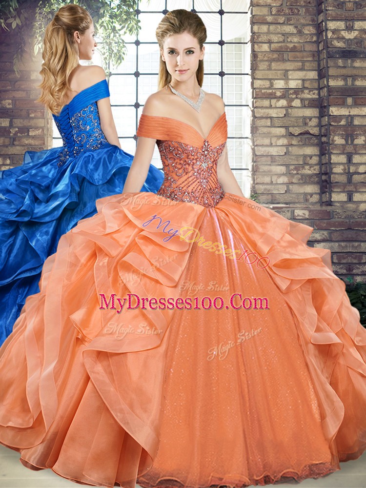 Spectacular Sleeveless Floor Length Beading and Ruffles Lace Up Quinceanera Dress with Orange
