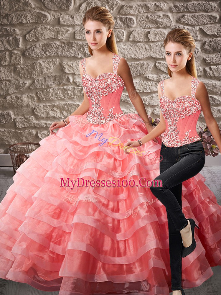 Luxury Watermelon Red Lace Up Straps Beading and Ruffled Layers Quince Ball Gowns Organza Sleeveless Court Train