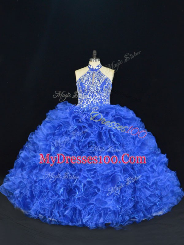 Top Selling Ball Gowns 15 Quinceanera Dress Royal Blue Halter Top Organza Sleeveless Floor Length Lace Up