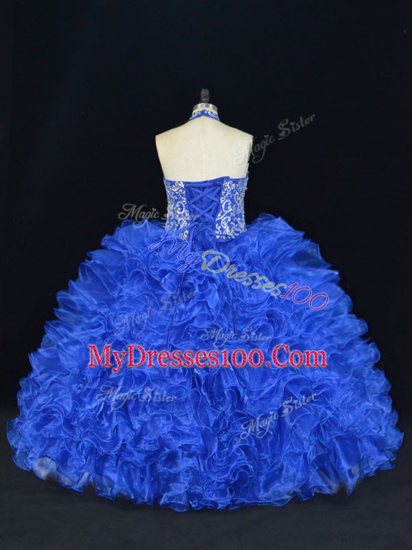 Top Selling Ball Gowns 15 Quinceanera Dress Royal Blue Halter Top Organza Sleeveless Floor Length Lace Up
