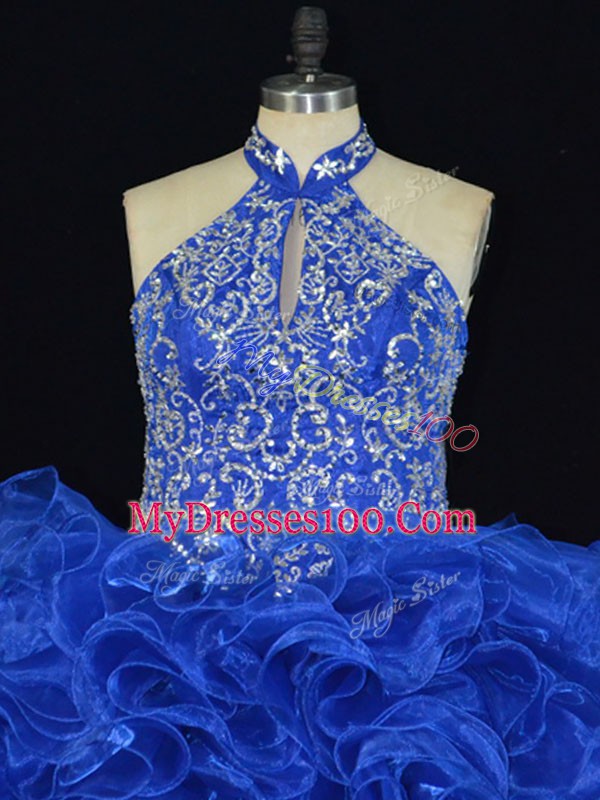 Top Selling Ball Gowns 15 Quinceanera Dress Royal Blue Halter Top Organza Sleeveless Floor Length Lace Up
