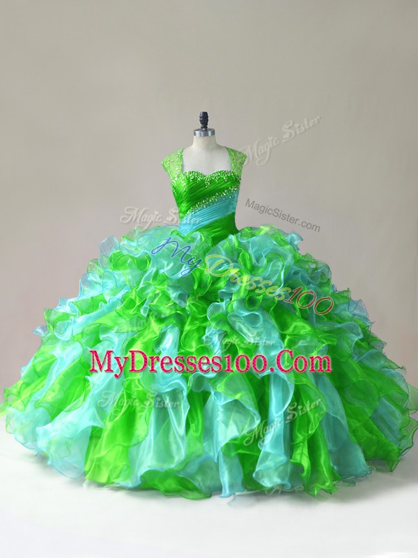 Vintage Floor Length Multi-color Quinceanera Gowns Organza Sleeveless Beading and Ruffles