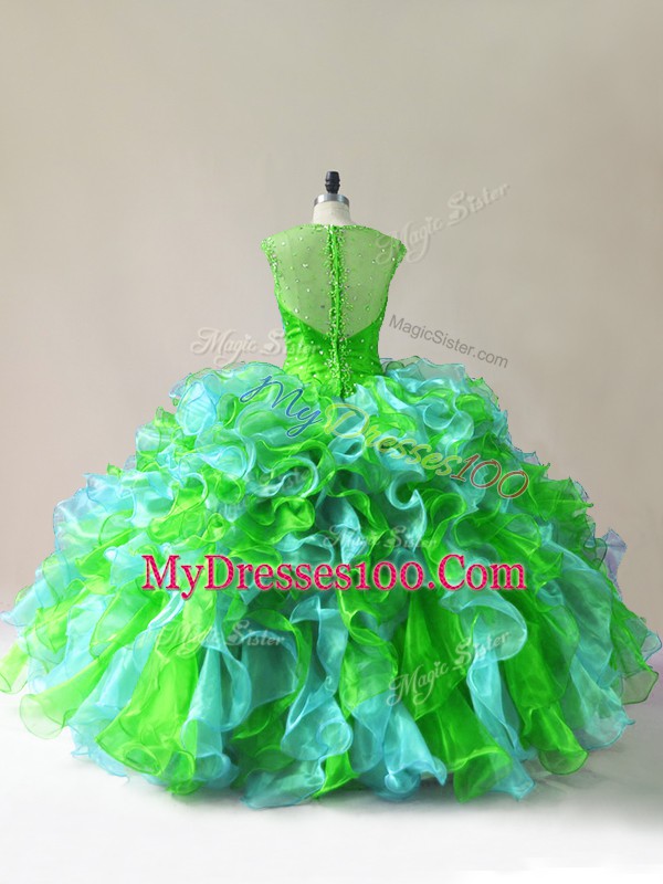 Vintage Floor Length Multi-color Quinceanera Gowns Organza Sleeveless Beading and Ruffles