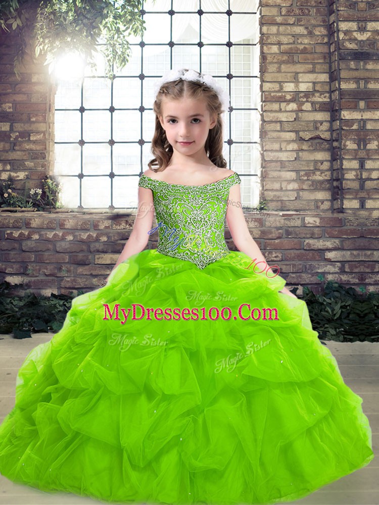 Off The Shoulder Neckline Beading and Pick Ups Little Girls Pageant Dress Wholesale Sleeveless Lace Up