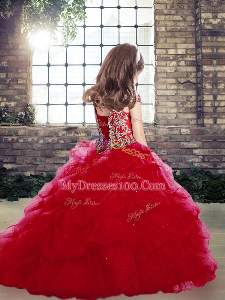 Off The Shoulder Neckline Beading and Pick Ups Little Girls Pageant Dress Wholesale Sleeveless Lace Up