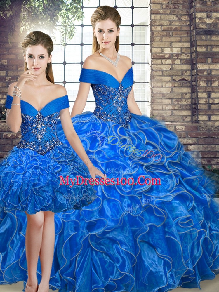 Gorgeous Ball Gowns Quinceanera Dresses Royal Blue Off The Shoulder Organza Sleeveless Floor Length Lace Up