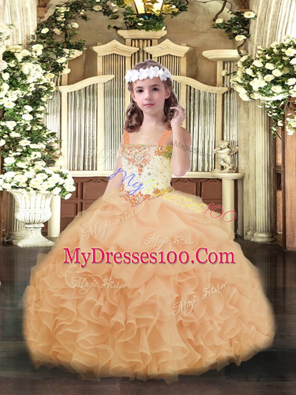 Low Price Peach Sleeveless Floor Length Beading and Ruffles and Pick Ups Lace Up Kids Pageant Dress