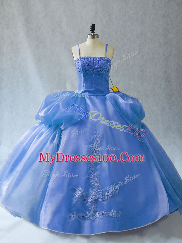 Extravagant Blue Ball Gowns Organza Straps Sleeveless Appliques Floor Length Lace Up Quinceanera Gowns