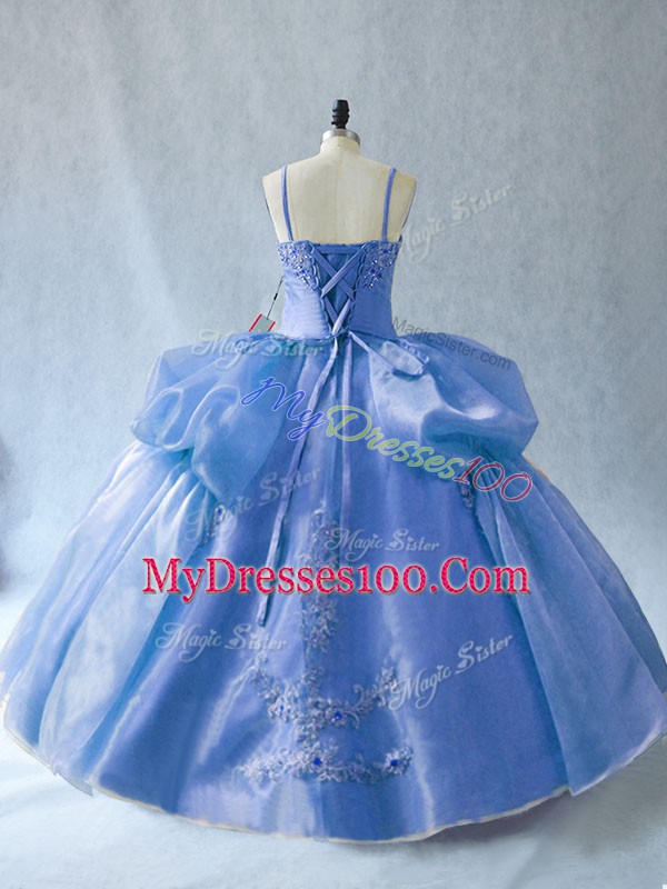 Extravagant Blue Ball Gowns Organza Straps Sleeveless Appliques Floor Length Lace Up Quinceanera Gowns