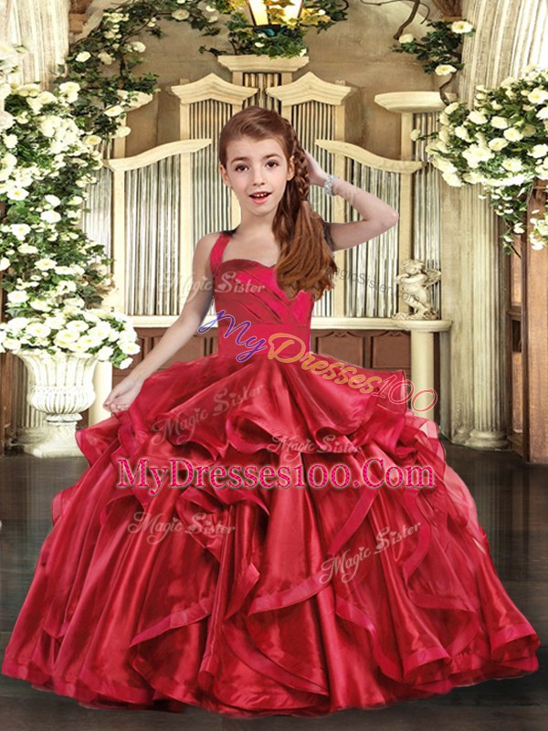 Fashion Red Ball Gowns Ruffles Little Girls Pageant Dress Lace Up Organza Sleeveless Floor Length
