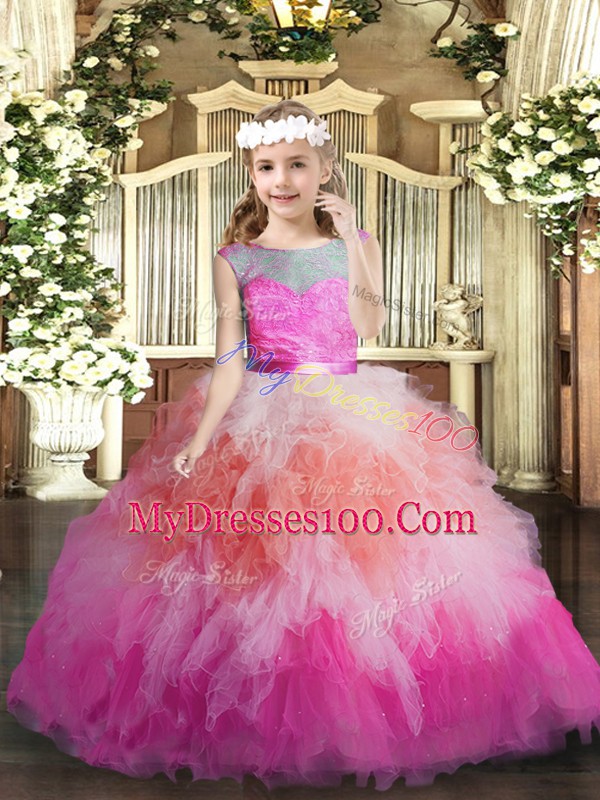 Exquisite Sleeveless Tulle Floor Length Backless Child Pageant Dress in Multi-color with Lace and Ruffles
