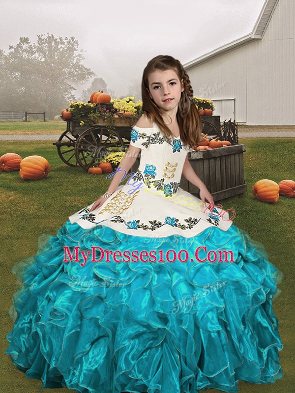 Aqua Blue Sleeveless Organza Lace Up Little Girls Pageant Gowns for Party and Sweet 16 and Wedding Party