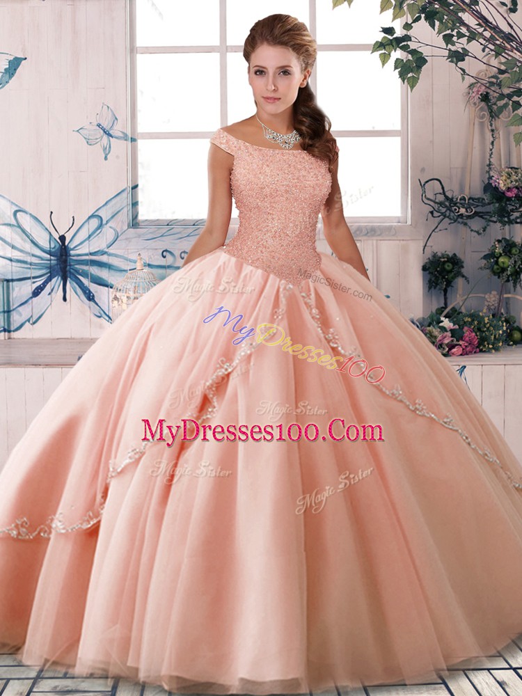 Pretty Beading Quinceanera Gowns Peach Lace Up Sleeveless Brush Train