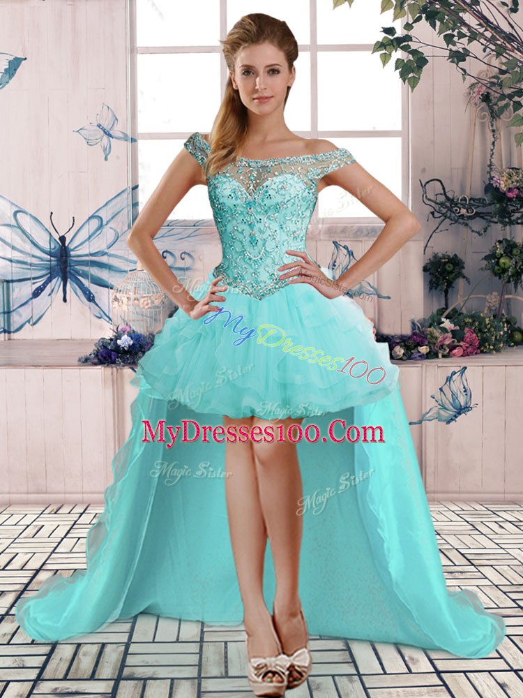 High Low Lace Up Prom Party Dress Aqua Blue for Prom and Party with Beading and Ruffles