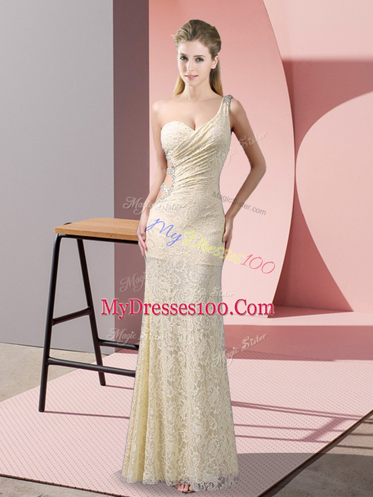 Champagne Column/Sheath Beading and Lace Homecoming Dress Criss Cross Lace Sleeveless Floor Length