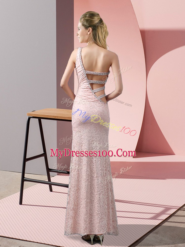 Champagne Column/Sheath Beading and Lace Homecoming Dress Criss Cross Lace Sleeveless Floor Length