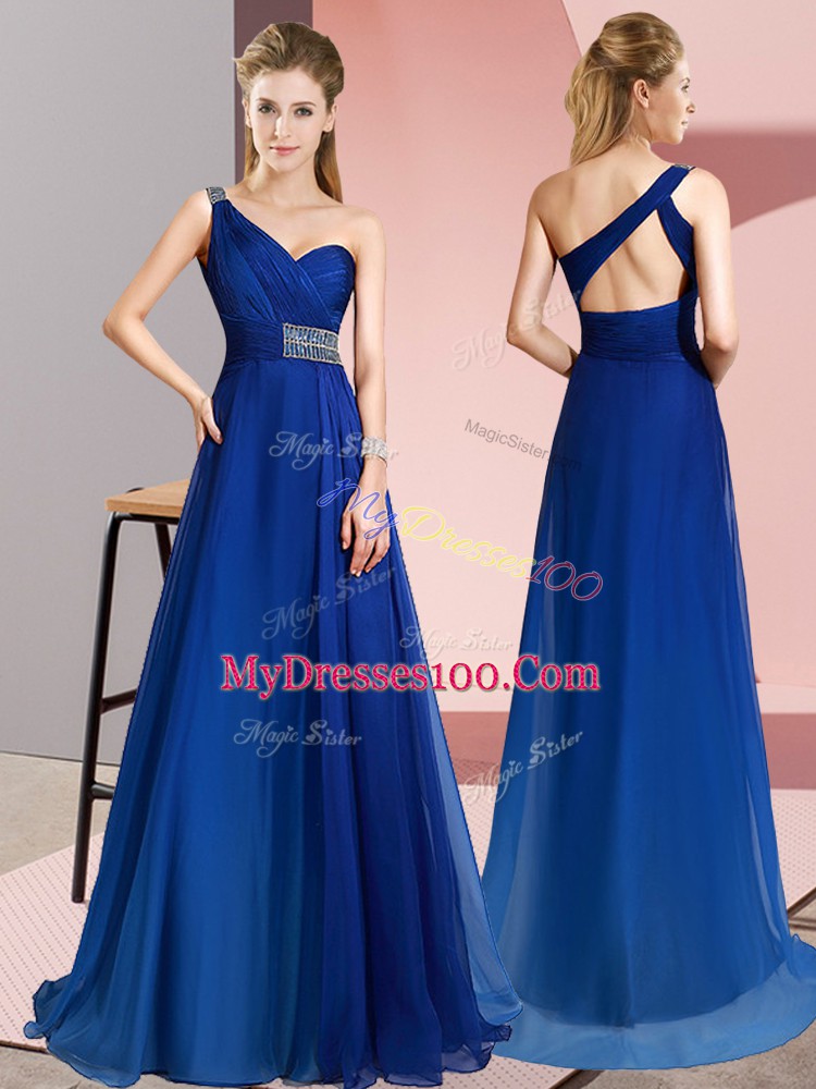 Blue One Shoulder Criss Cross Beading Prom Gown Brush Train Sleeveless