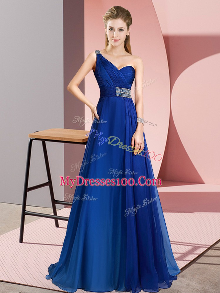 Blue One Shoulder Criss Cross Beading Prom Gown Brush Train Sleeveless