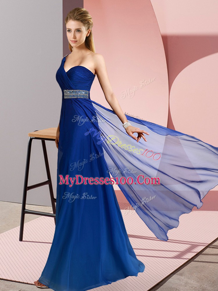 Blue One Shoulder Criss Cross Beading Prom Gown Brush Train Sleeveless