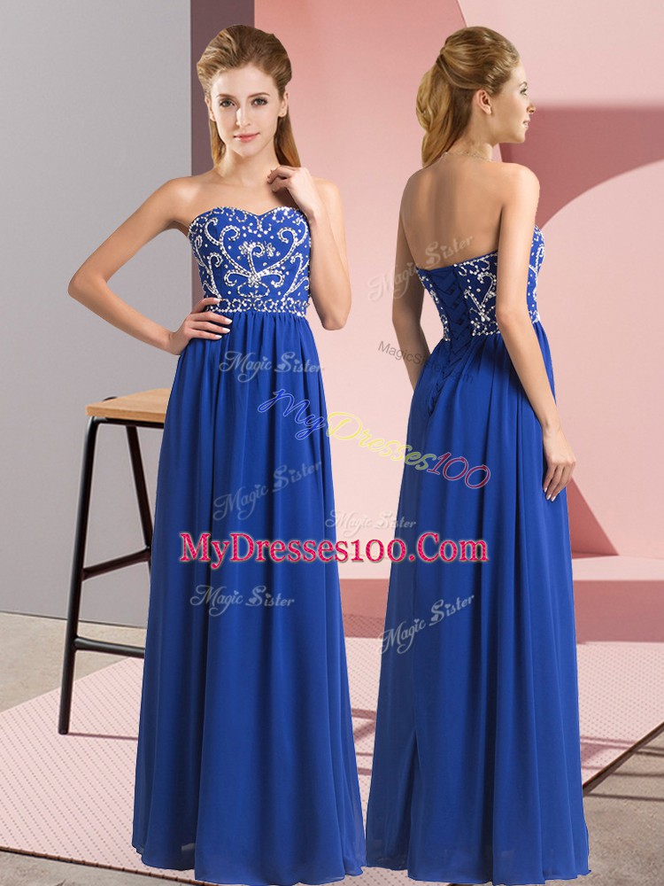 Royal Blue Sleeveless Floor Length Beading Lace Up Dress for Prom