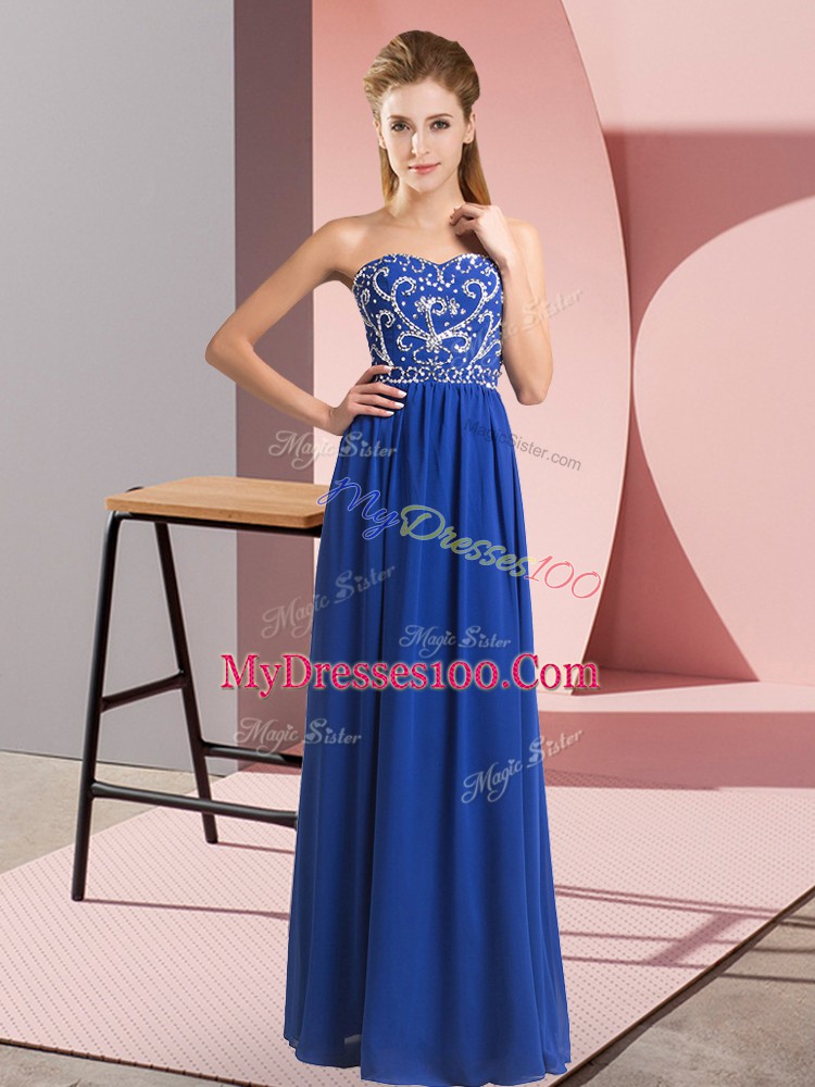Royal Blue Sleeveless Floor Length Beading Lace Up Dress for Prom