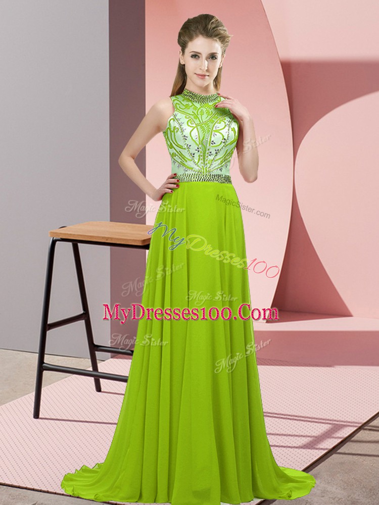 Backless Juniors Party Dress Yellow Green for Prom and Party with Beading Brush Train