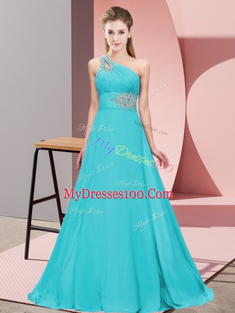 Colorful One Shoulder Sleeveless Pageant Gowns Floor Length Beading Aqua Blue