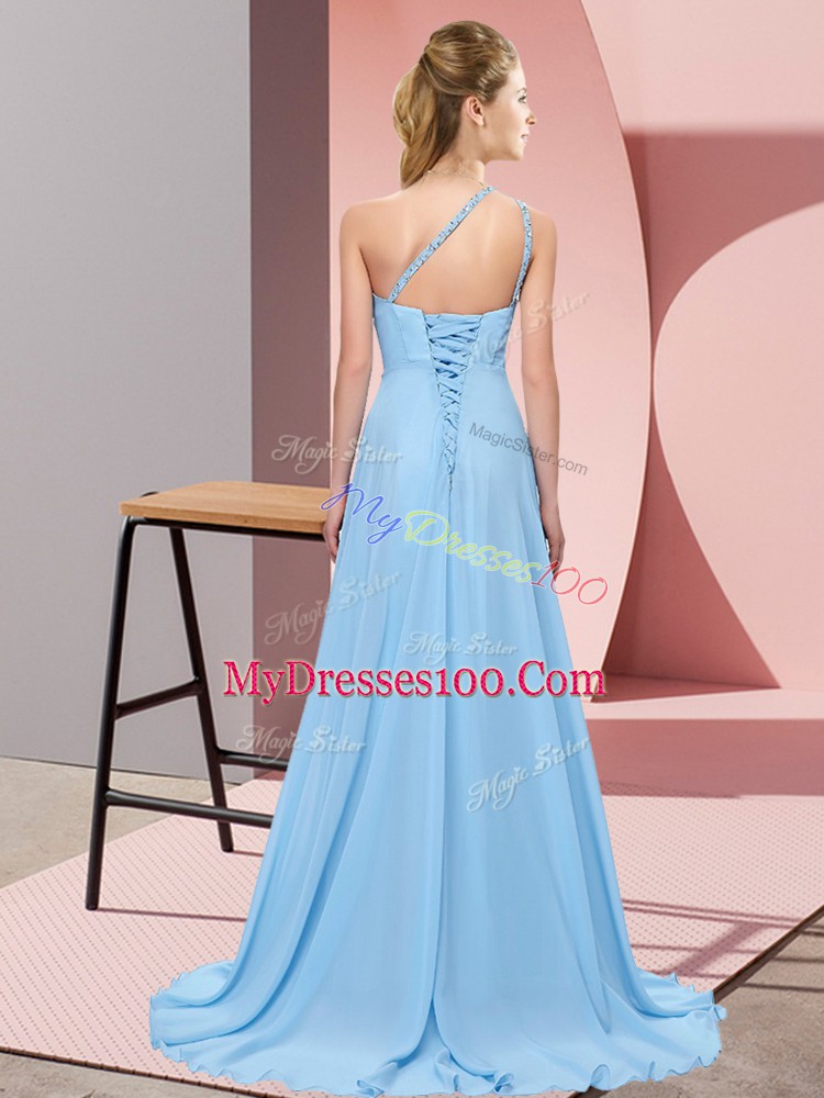 Colorful One Shoulder Sleeveless Pageant Gowns Floor Length Beading Aqua Blue