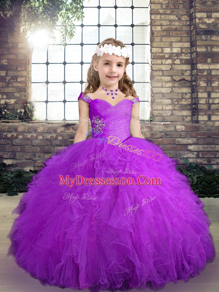 Fashion Floor Length Purple Child Pageant Dress Straps Sleeveless Lace Up