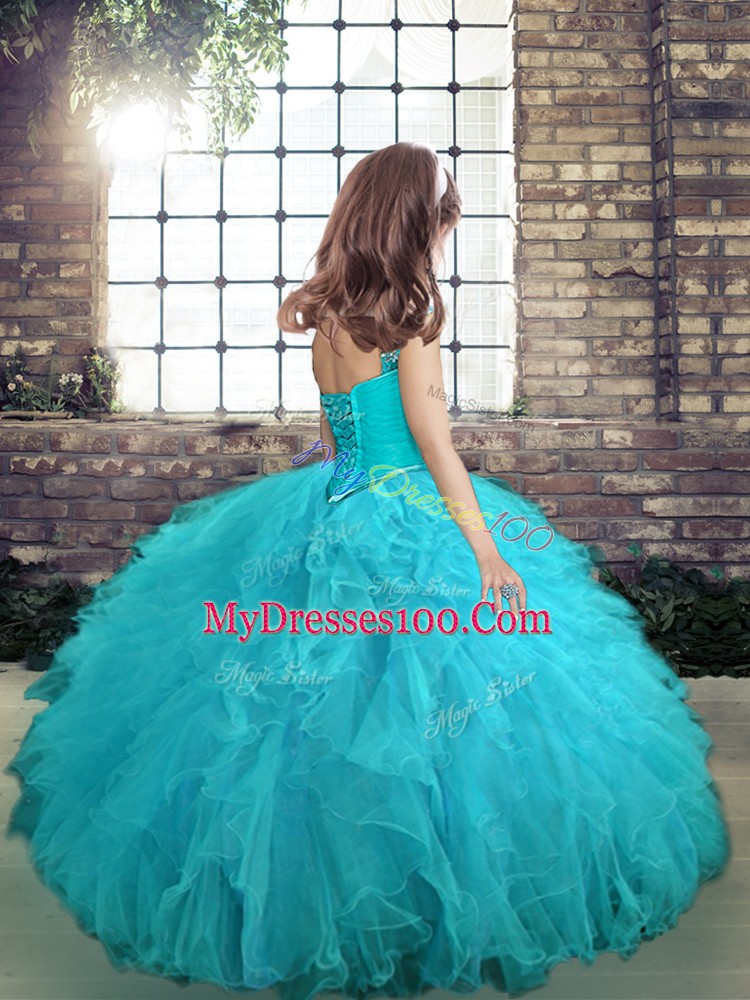 Fashion Floor Length Purple Child Pageant Dress Straps Sleeveless Lace Up