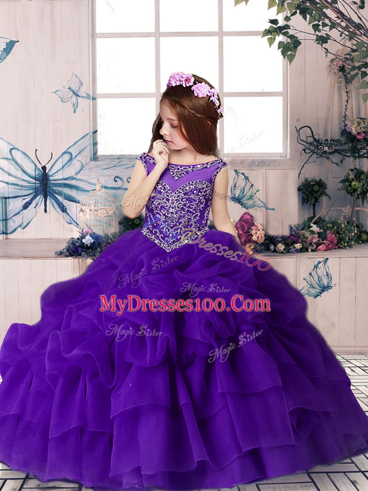 Nice Floor Length Purple Custom Made Pageant Dress Organza Sleeveless Beading and Pick Ups