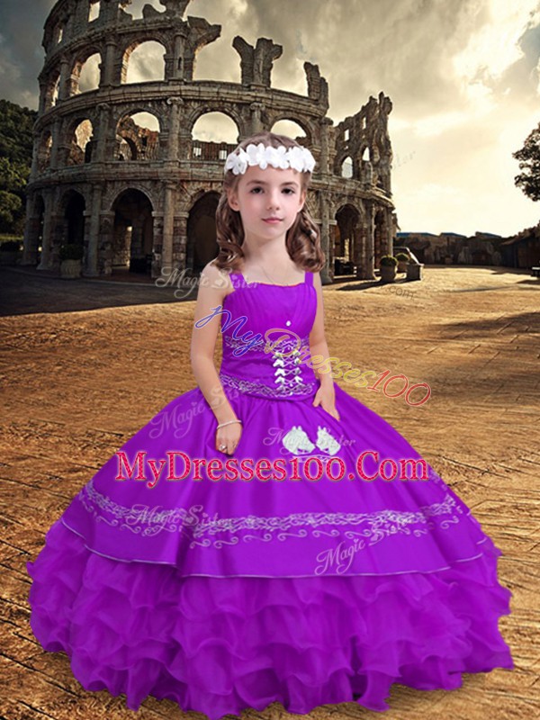 Fashionable Sleeveless Floor Length Embroidery and Ruffled Layers Zipper High School Pageant Dress with Purple
