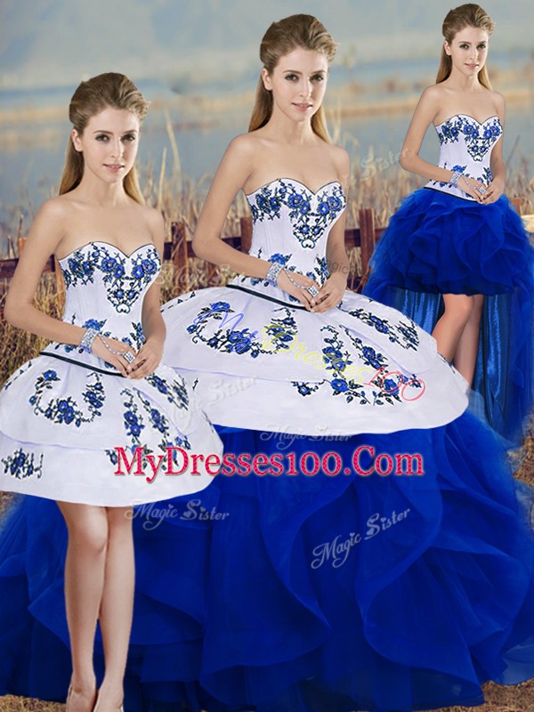 New Style Royal Blue Lace Up Sweetheart Embroidery and Ruffles and Bowknot Vestidos de Quinceanera Tulle Sleeveless