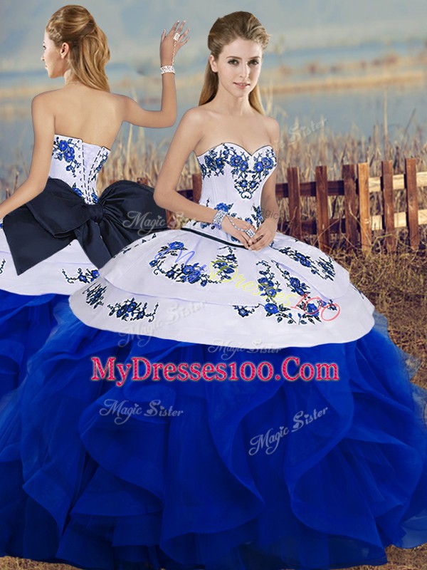New Style Royal Blue Lace Up Sweetheart Embroidery and Ruffles and Bowknot Vestidos de Quinceanera Tulle Sleeveless