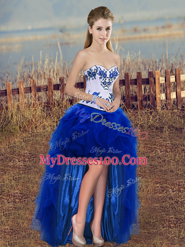 New Style Royal Blue Lace Up Sweetheart Embroidery and Ruffles and Bowknot Vestidos de Quinceanera Tulle Sleeveless