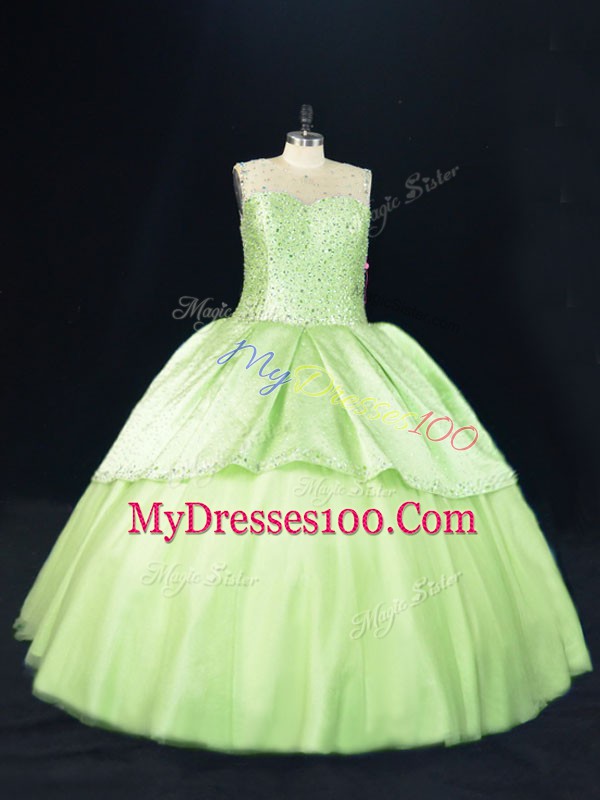 Great Ball Gowns Sweet 16 Quinceanera Dress Yellow Green Scoop Tulle Sleeveless Floor Length Lace Up