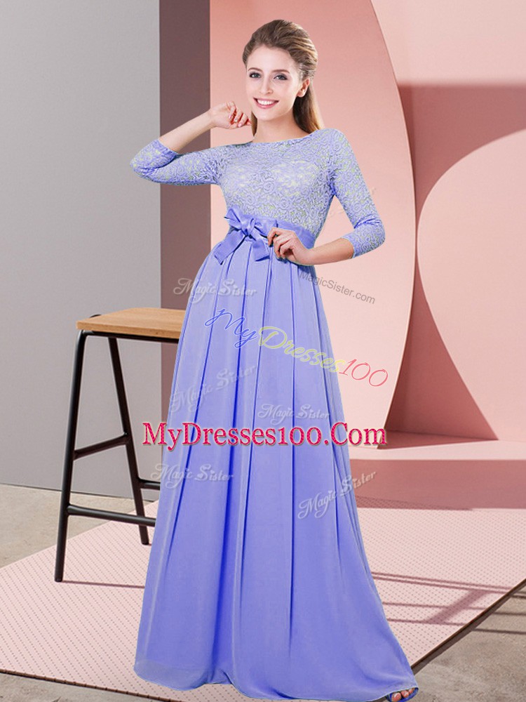Gorgeous Lavender Scoop Neckline Lace and Belt Bridesmaid Dress 3 4 Length Sleeve Side Zipper