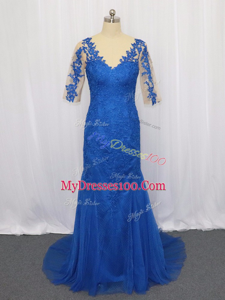 Blue Scoop Neckline Lace and Appliques Mother Of The Bride Dress 3 4 Length Sleeve Zipper