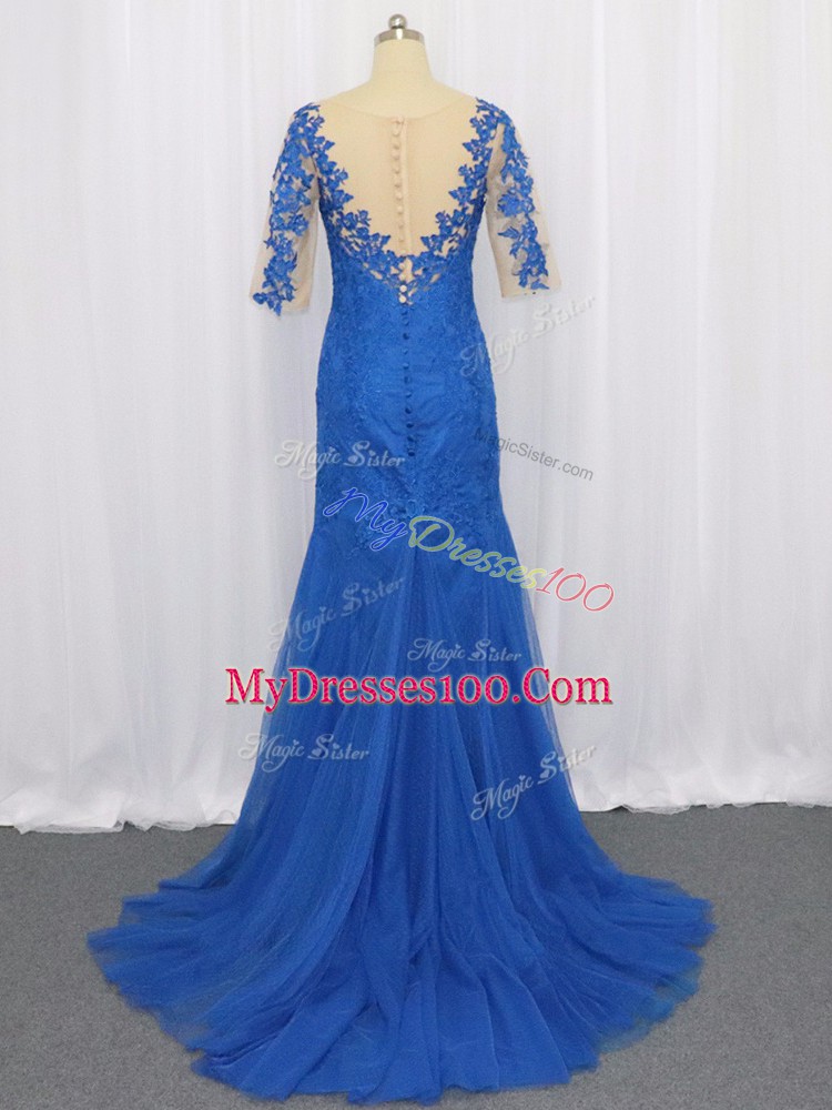 Blue Scoop Neckline Lace and Appliques Mother Of The Bride Dress 3 4 Length Sleeve Zipper