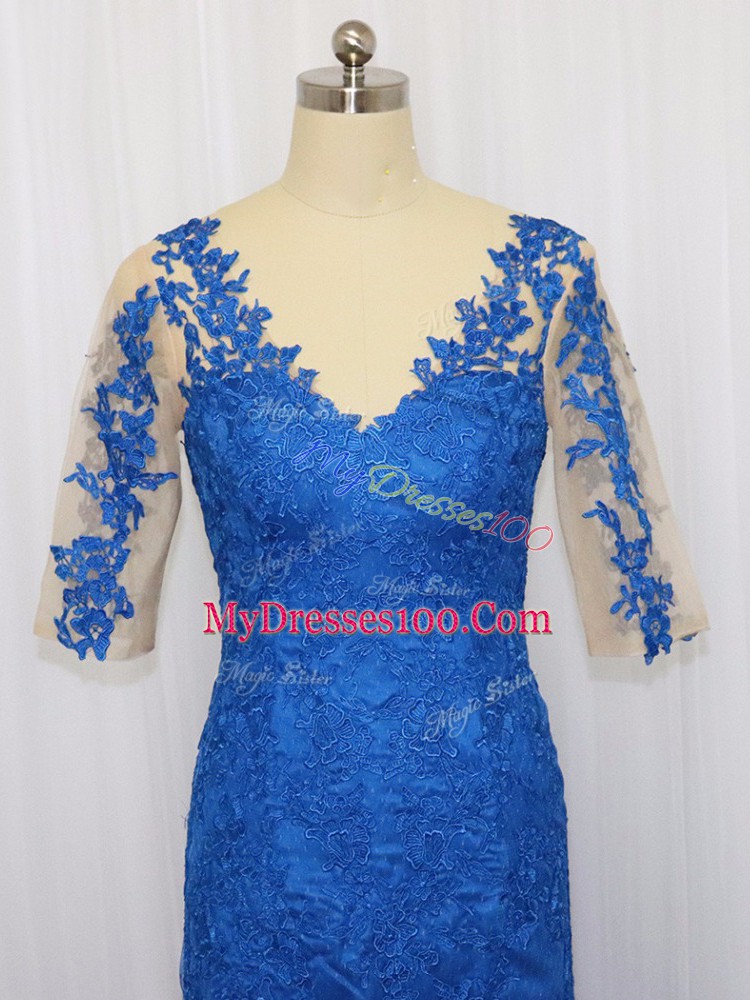 Blue Scoop Neckline Lace and Appliques Mother Of The Bride Dress 3 4 Length Sleeve Zipper