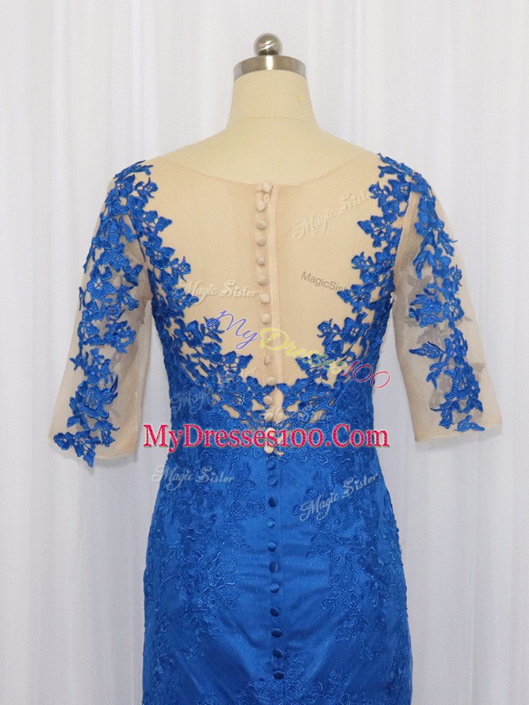 Blue Scoop Neckline Lace and Appliques Mother Of The Bride Dress 3 4 Length Sleeve Zipper