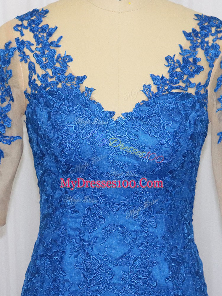 Blue Scoop Neckline Lace and Appliques Mother Of The Bride Dress 3 4 Length Sleeve Zipper