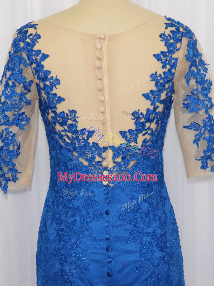 Blue Scoop Neckline Lace and Appliques Mother Of The Bride Dress 3 4 Length Sleeve Zipper